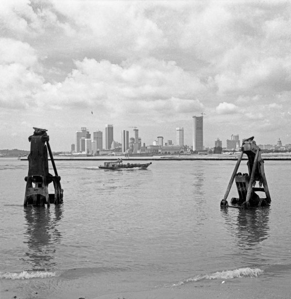 Time and Tide by Foo Tee Jun - View of city skyline from sea, c. 1970s